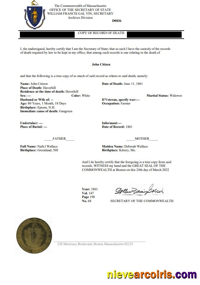 USA Massachussetts Death Certificate